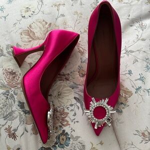 Amina Muaddi Fuchsia Satin Heels with Crystal Detail